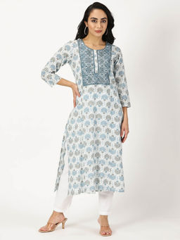 Saffron Threads - Blue & White Lotus Print Kurta with Yoke Embroidery