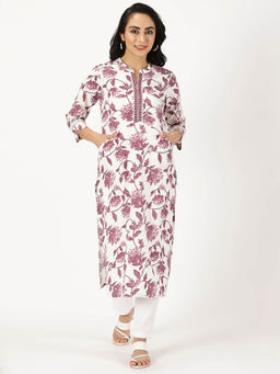 Saffron Threads - Wine & White Floral Print Kurta with Neck Embroidery