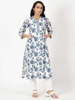 Saffron Threads - Blue & White Floral Print Kurta with Neck Embroidery