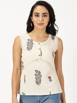 Saffron Threads - Off White Natural Mughal Floral Print Top with Lace Inserts