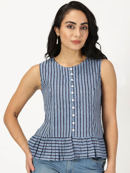 Saffron Threads - Blue Striped Button-Down Peplum Top