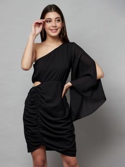 Attic Salt - Black Solid-Plain Ruche Over Me Sassy Dress