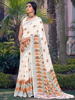 Akhilam - Womens Pure Linen Off White Printed Designer Saree with Unstitched Blouse