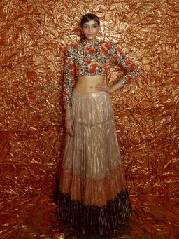 Nirmooha - Sunflower Hand-embroidered Crop Top With Tri Coloured Tiered Lurex Lehenga (Set of 2)