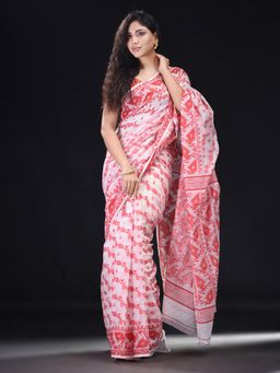 Beatitude - White Cotton Silk Woven Jacquard Jamdani Saree with Unstitched Blouse