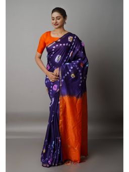 Unnati Silks - Navy Blue Orange Shibori Sico Saree with Unstitched Blouse