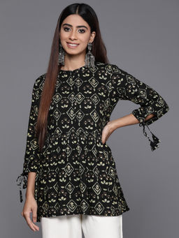 Libas - Black Viscose Rayon Floral Printed A-Line Tunic