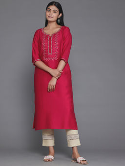 Libas - Pink Floral Yoke Design Silk Blend Kurta