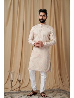 EKATVA ETHNIC - Men Beige Matka Silk Embroidered Kurta with Pyjama