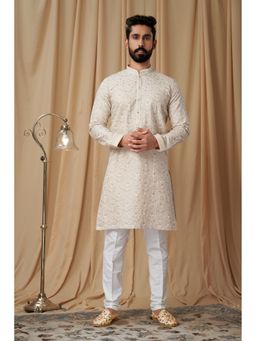 EKATVA ETHNIC - Men Beige Matka Silk Embroidered Kurta with Pyjama