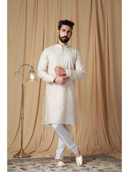 EKATVA ETHNIC - Men Beige Matka Silk Embroidered Kurta with Pyjama