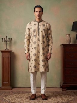 ETHNIC BAY - Men Silk Blend Embroidered Solid Cream Kurta With Pant