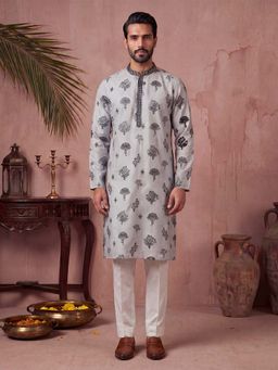 ETHNIC BAY - Men Silk Blend Embroidered Solid Blue Kurta With Pant