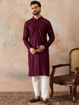 ETHNIC BAY - Men Purple Rayon Embroidered Solid Straight Kurta With Pant