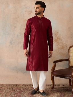 ETHNIC BAY - Men Maroon Rayon Embroidered Solid Straight Kurta With Pant
