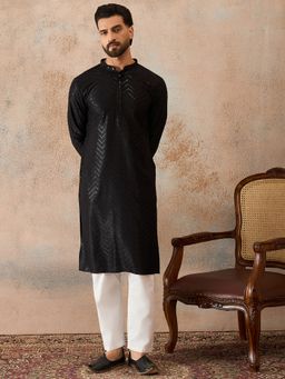 ETHNIC BAY - Men Black Rayon Embroidered Solid Straight Kurta With Pant