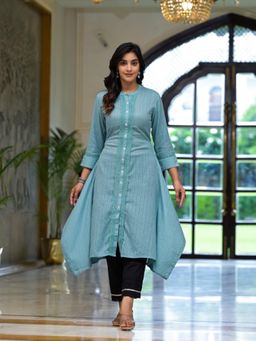 Juniper - Sky Blue Thread Embroidered Cotton Asymmetrical Kurta with Button Closure