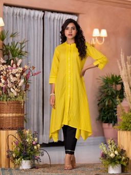 Juniper - Yellow Thread Embroidered Cotton Asymmetrical Kurta with Button Closure