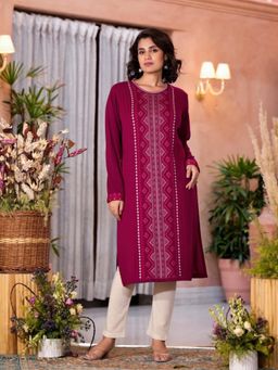 Juniper - Magenta Ethnic Motif Printed Polycotton Kurta