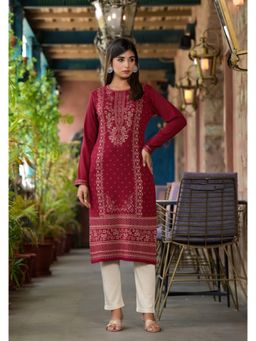 Juniper - Maroon Ethnic Motif Printed Polycotton Kurta