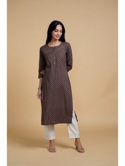 SAAKI - Blooming Elegance Printed Brown Kurta
