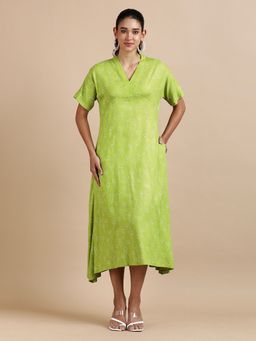 Black & Blah Blah - Relaxed Fit Printed A-Line Midi Dress Green