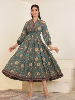 GULAB CHAND TRENDS - Floral Printed Bishop Sleeves Ethnic A-Line Midi Dress Green