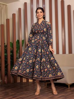 GULAB CHAND TRENDS - Floral Printed Bishop Sleeves Ethnic A-Line Midi Dress Blue