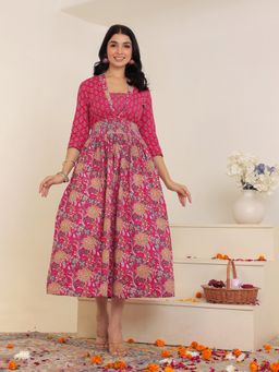 GULAB CHAND TRENDS - Flower Printed Midi Dress With Inner Pink