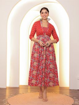 GULAB CHAND TRENDS - Flower Printed Midi Dress With Inner Red