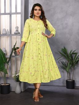 Rangita - Women Lime Green Rayon Printed Flared Dress