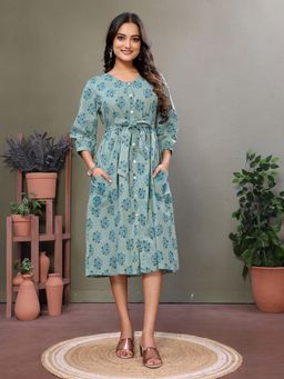 Rangita - Women Green Cotton Embroidered Flared Dress With Two Pockets