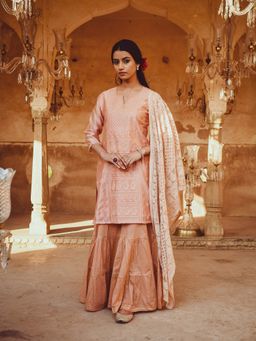 Karaj Jaipur - Jashn Peach Chanderi Paisley Kurta and Sharara with Dupatta
