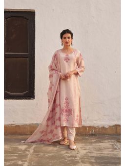 Karaj Jaipur - Soft Pink Linen Floral Kurta and Pant with Dupatta