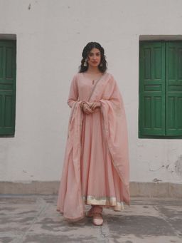 Karaj Jaipur - Baby Pink Chanderi Embroidered Anarkali Kurta and Pant with Dupatta