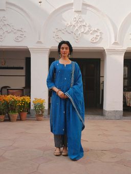 Karaj Jaipur - Royal Blue Chanderi Floral Kurta and Pant with Dupatta