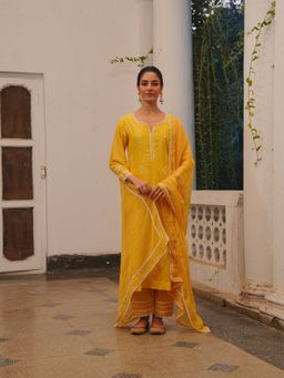 Karaj Jaipur - Marigold Yellow Chanderi Floral Kurta and Pant with Dupatta
