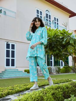 Karaj Jaipur - Blue Muslin Floral Cord set