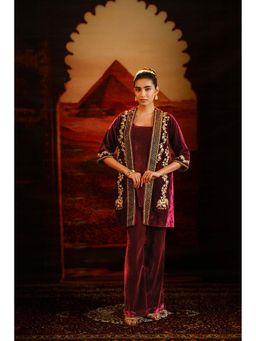 SAKSHI G CHAWLA - Maroon Meh Velvet Embellished Jacket amd Pant with Inner