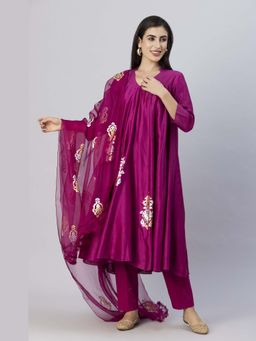 Tanu Malhotra - Women Solid Pink Anarkali and Pant with Dupatta