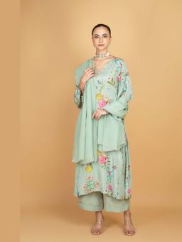 Tanu Malhotra - Women Floral Green Kurta and Pant with Dupatta
