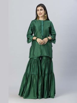 Tanu Malhotra - Women Mirror Work Green Kurta and Gharara with Dupatta