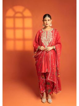 Tanu Malhotra - Women Embroidered Red Kurta and Pant with Dupatta