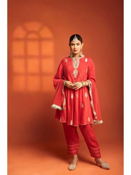 Tanu Malhotra - Women Embroidered Red Kurta and Pant with Dupatta