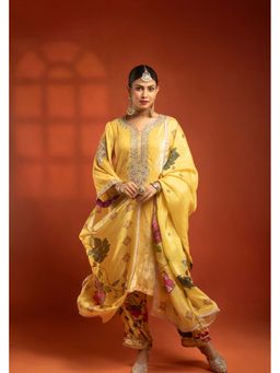 Tanu Malhotra - Women Embroidered Yellow Kurta and Pant with Dupatta