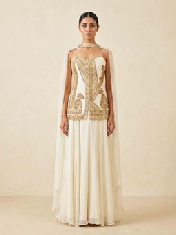 "Two Sisters" by Gyans - Ivory Aristocrat Hand-Embroidered Kurta with Sharara and Dupatta