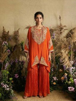 "Two Sisters" by Gyans - Sunset Opulence Hand-Embroidered Kaftan with Sharara
