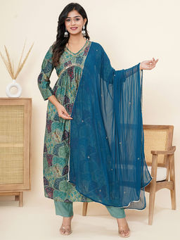 Roohaniyat - Teal Blue Modal Lycra Kurta Pant with Dupatta (Set of 3)