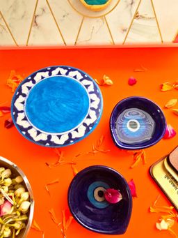 Homearte - Blue Pottery Choki and Diya Set