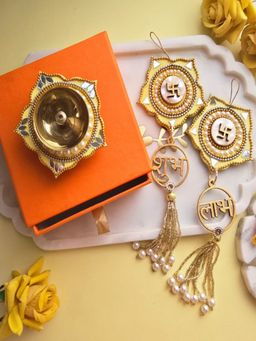 Homearte - Brass Diya with Yellow Mdf Door Hangings & Gift Box Traditional Diya